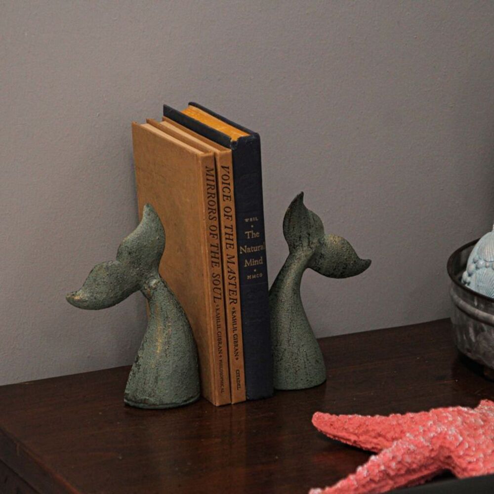 Set of 2 Nautical Verdigris Cast Iron Whale Tail Decorative Bookends